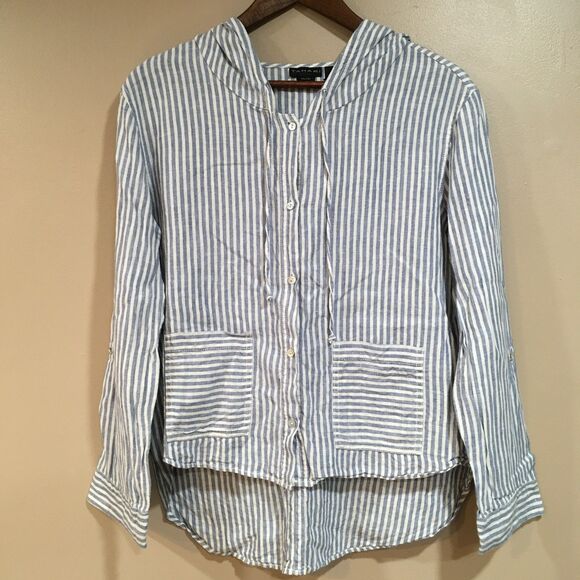 Tahari 100% Linen Hoodie Womens S Blue Striped Button Down High Low Roll Tab Top - Picture 1 of 10